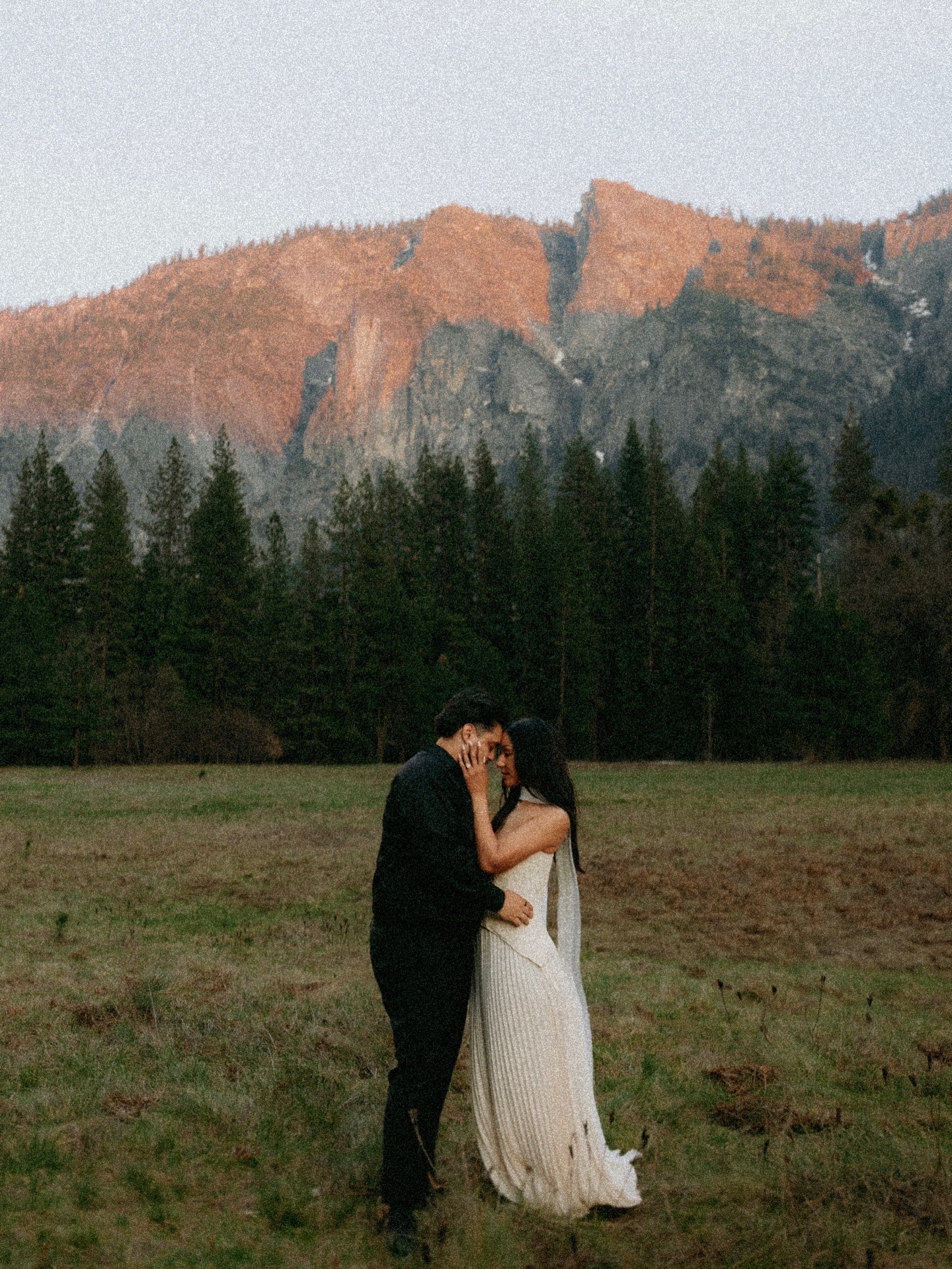 Tamara and Christian embracing in a Yosemite meadow at golden hour